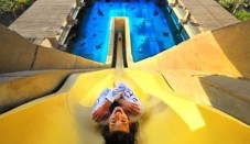 A person slides down a steep water slide that passes through a blue aquarium filled with marine life.