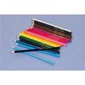 A selection of multicoloured colouring pencils arranged on a plain blue background.