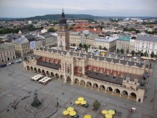 Aerial view of the Cloth Hall and Main Market Square in Kraków, Poland.